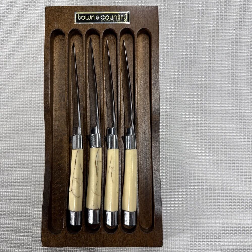 Set of 4 Vintage Briddell Steak Knifes Cream Handle MCM Kitchen w/ knife caddy